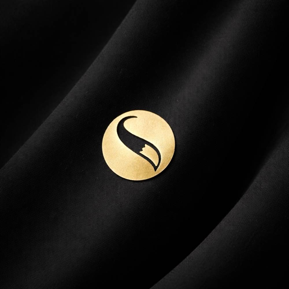 Gold logo on a black background