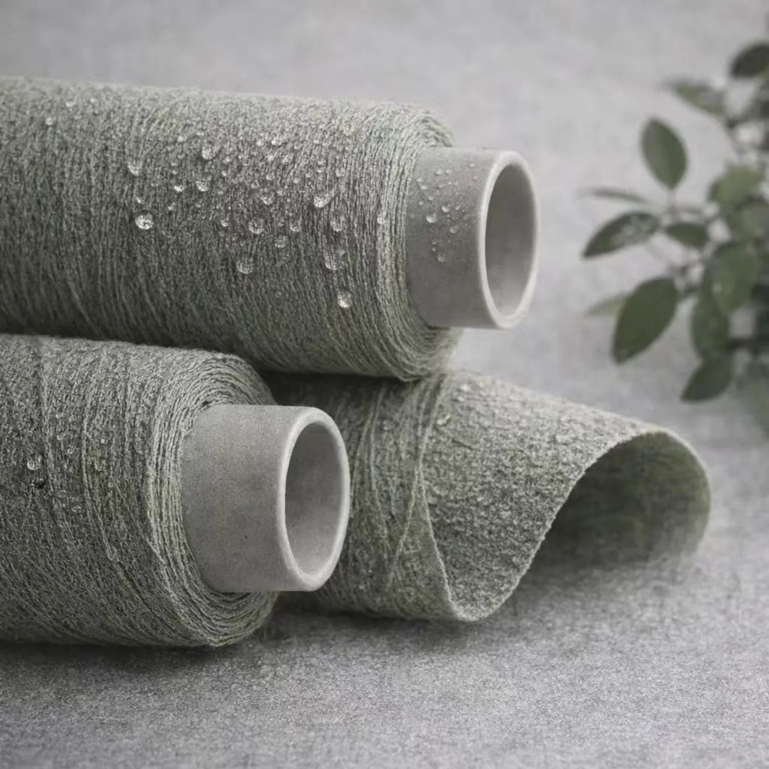Three rolls of textured gray wallpaper on a light gray surface with a plant in the background.
